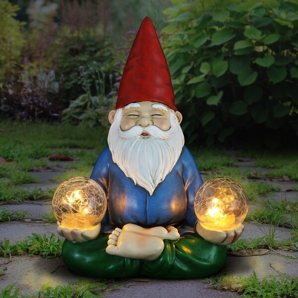 Exhart Good Time Solar Gnamaste Meditating Yoga Gnome with Two Crackle Glass Firefly Balls Garden Statue 11 Inch Bed Bath Beyond 27913252