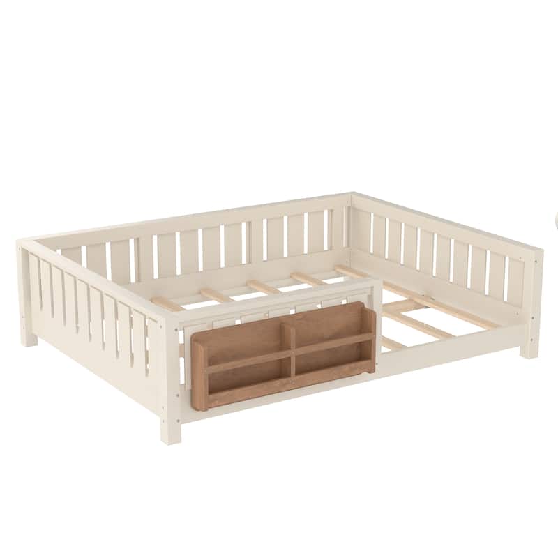 Low Profile Montessori Bed Floor Platform Bed with Fence and Bookshelf