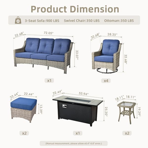 dimension image slide 7 of 8, OVIOS 10-piece Patio Wicker Swivel Rocking Chair Set With Fire Pit