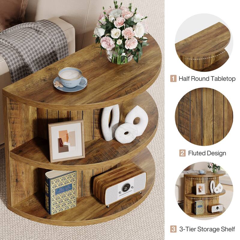 3-tier Half Round Side Table, Wooden End Table with Storage Shelves