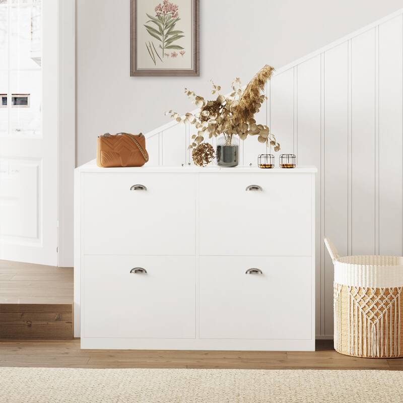 Flip-Top Shoe Cabinet Entryway Storage Organizer Shoe Rack Cabinet - White