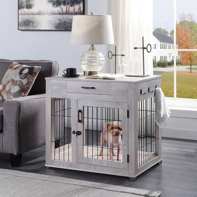 unipaws Dog Crate End Table with Drawer, Double Doors and Cushion