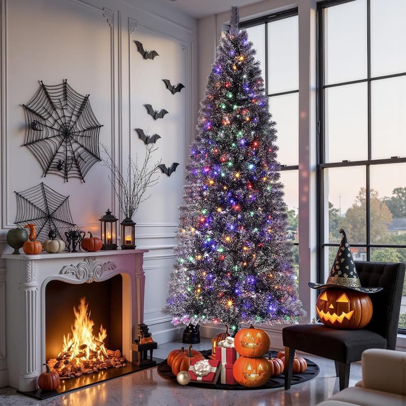 Prelit 4.5Ft Rose Gold Tinsel Fake Christmas Tree with 150 Warm White LED Lights, Metal Stand - 6 Foot - Black