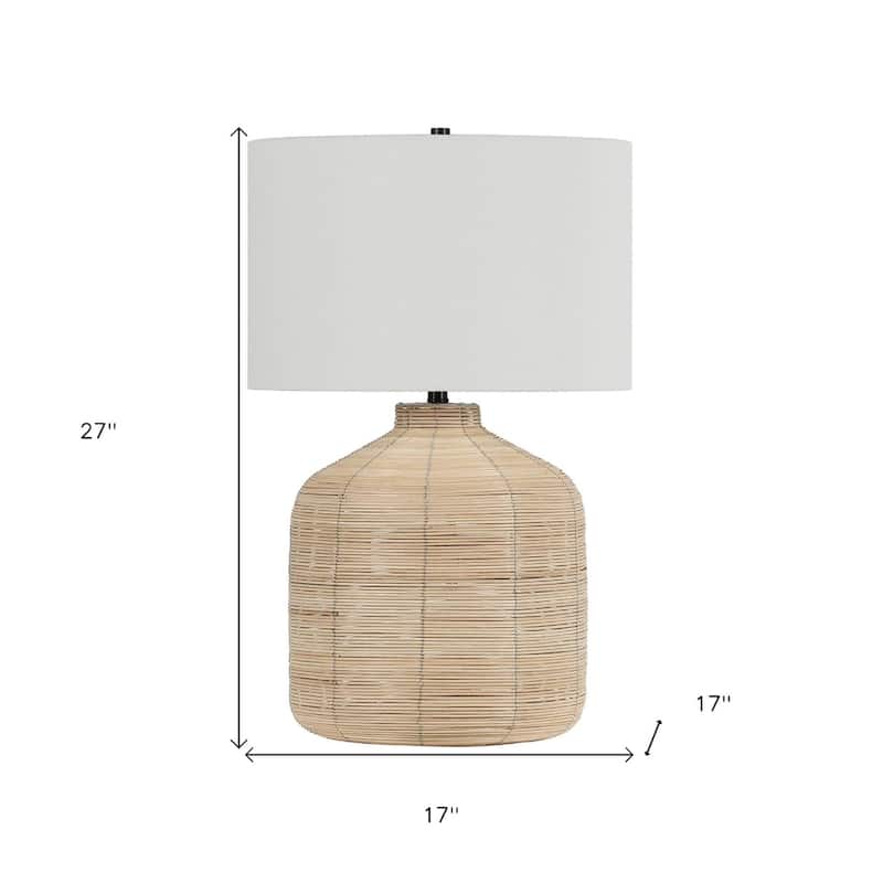 27" Coastal Rattan Table Lamp with Linen White Drum Shade and Included 72" Cord for Bedroom or Living Room