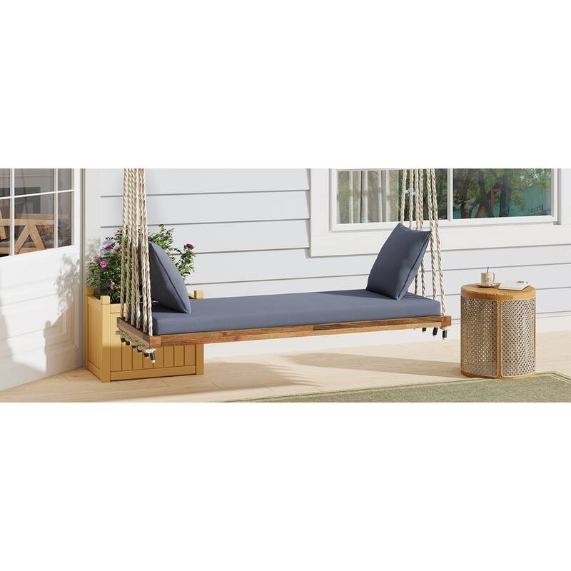 Patio Wooden Hanging Porch Swing Bench with Cushion and Pillows for Garden and Backyard