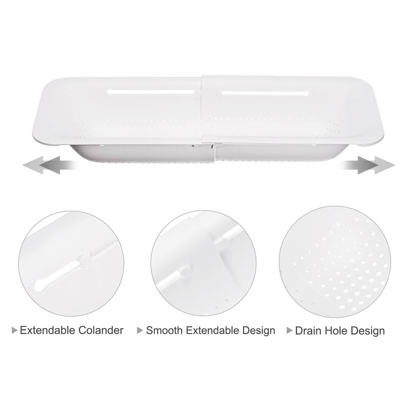 Collapsible Colander Kitchen Over the Sink Strainer Extendable Basket - White - 36.2cm x 20cm x 7cm