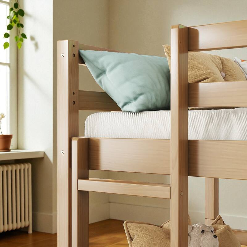 Twin Over Twin Over Twin Rubber Wood Triple Bunk Bed with Guardrails and Two Built-in Ladders, Detachable 3-Tier Bed Frame