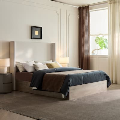 Shelton Upholstered Wingback Bed (Queen) - 54" Headboard, Wood Base, Ivory Canvas Chenille, Rustic/Modern Farmhouse/Scandinavian