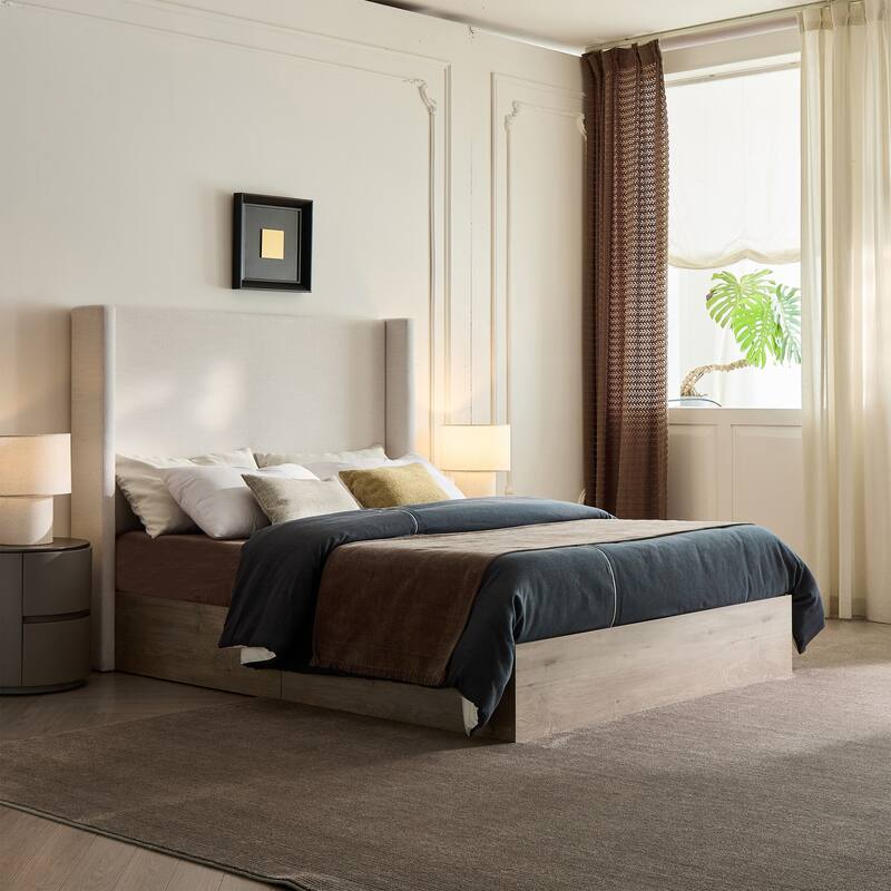 Shelton Upholstered Wingback Bed / 54" High Headboard / Wood Base / Rustic / Modern Farmhouse / Neutral / Scandinavian, Queen