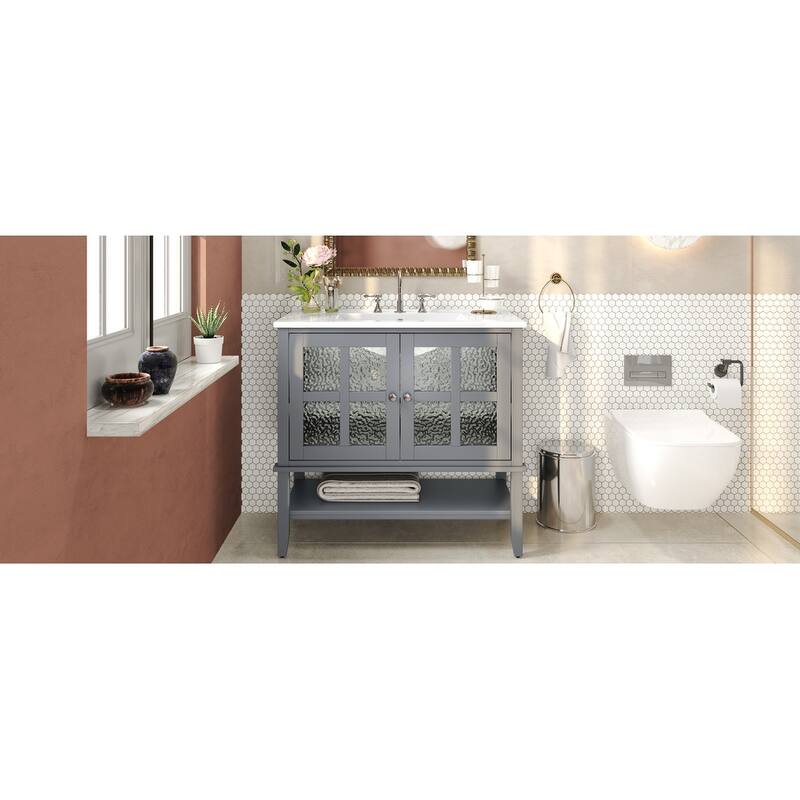 36"Vanity with Ceramic Sink,Vanity with Shelf,with Solid Wood Legs,Waterproof Painted Finish,Metal Knobs and Close Hinges Design