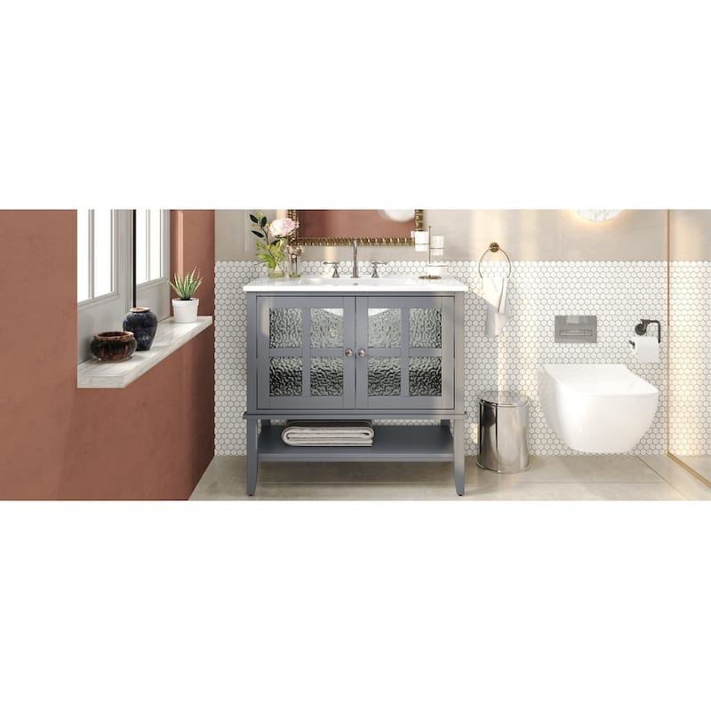 Roomfitters 36" Contemporary Bathroom Vanity with Ceramic Sink, Textured Glass Doors, Adjustable Shelf and Open Storage