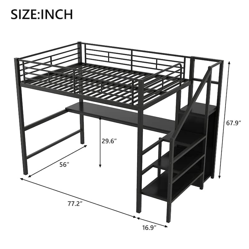 Black Metal Loft Bed Frame with Desk, Wardrobe, Storage Staircase, LED Light, Full Size Hight Bedframe with Metal Slat Support