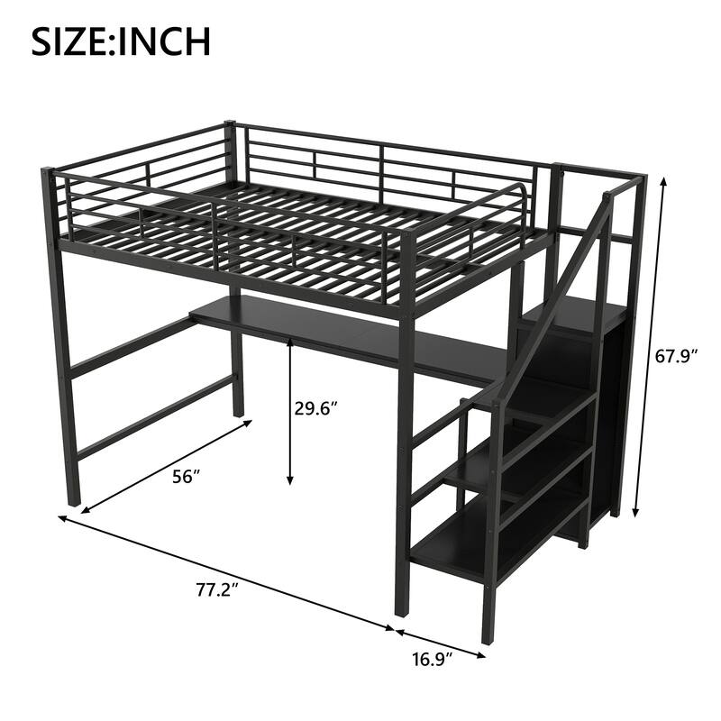 Full Size Metal Loft Bed with Desk, Storage Staircase, Small Wardrobe, and LED Light