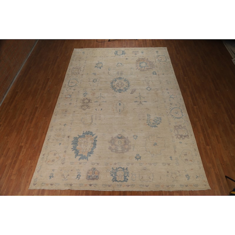 Transitional Beige Oushak Turkish Large Rug Hand-Knotted Wool Carpet - 9'6"x 13'9"