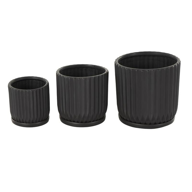 Black or White Ceramic Ribbed Indoor Outdoor Planter with Attached Saucer (Set of 3)