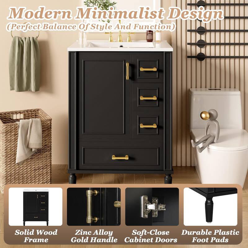 24" Modern Bathroom Vanity with Ceramic Sink, 3 Drawers, Soft-Close Door, Gold Handles, Space-Saving Storage