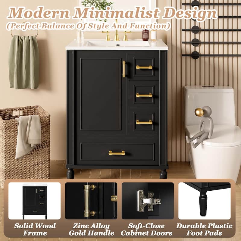24" Modern Bathroom Vanity with Ceramic Sink - Soft-Close Door, 3 Drawers & Gold Handles