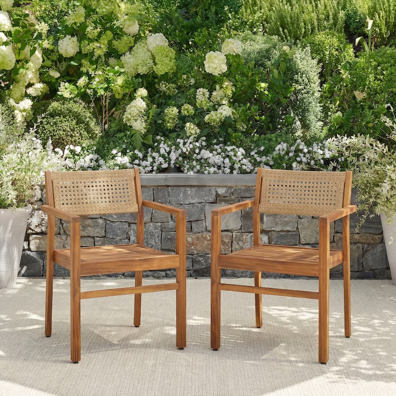 Christopher Knight Home - Modern Outdoor & Indoor Acacia Wood Dining Chairs Set with Wicker Backrest and Armrests - Set of 2-Teak Finish+Brown Wicker
