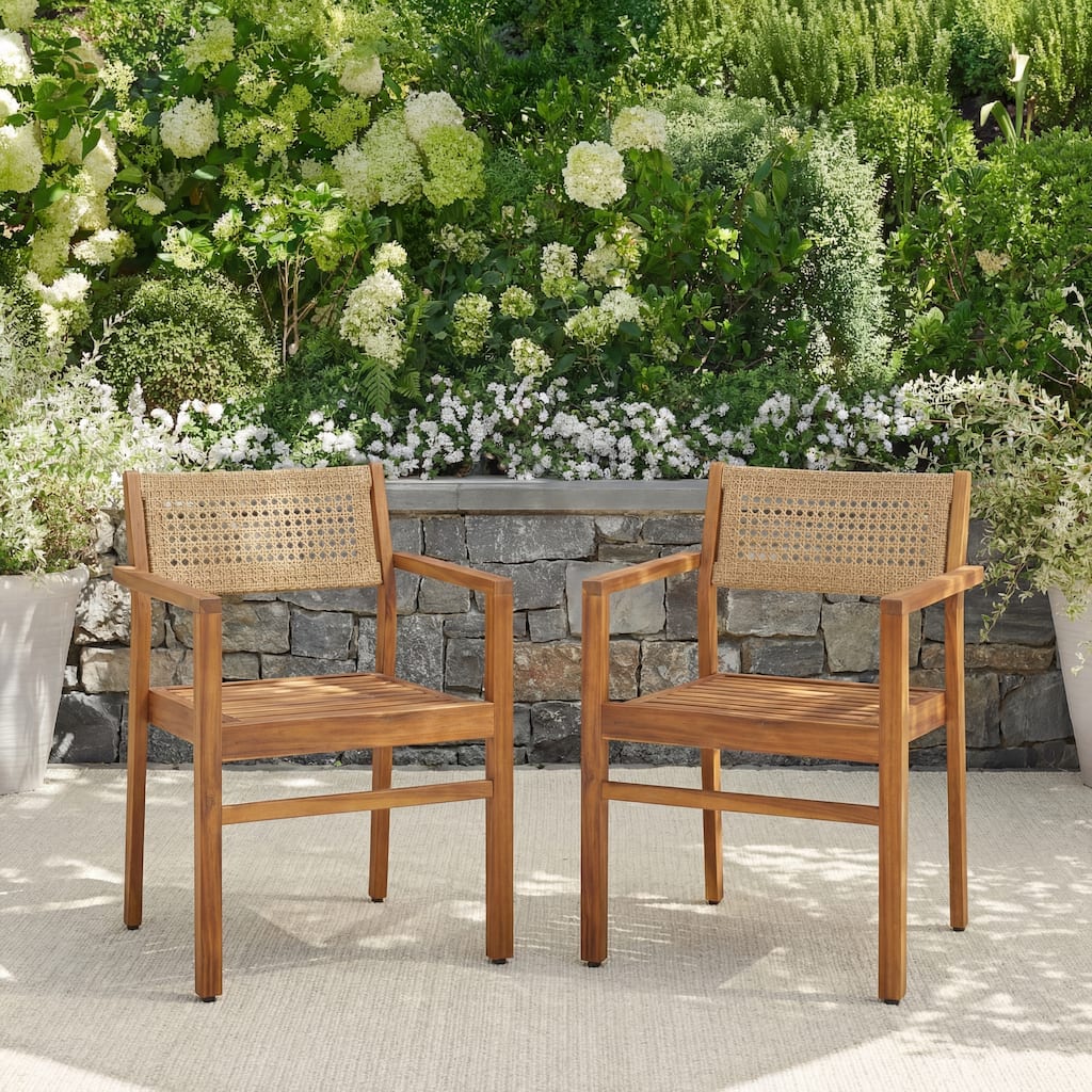 Christopher Knight Home - Modern Outdoor & Indoor Acacia Wood Dining Chairs Set with Wicker Backrest and Armrests