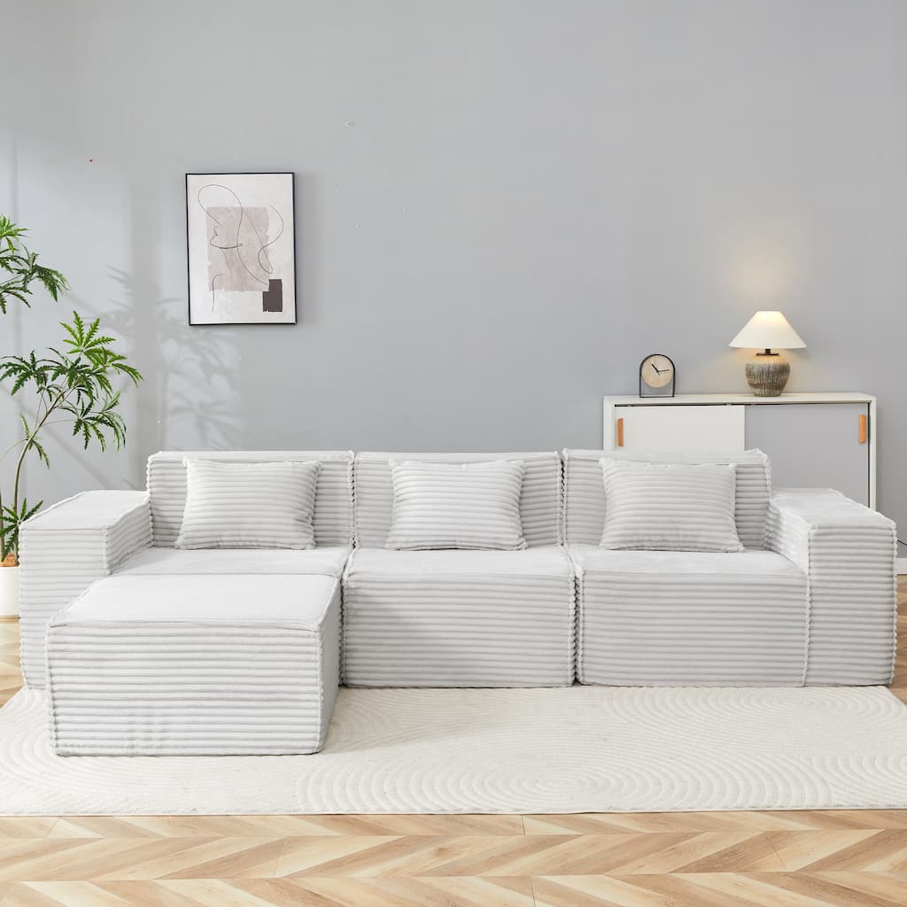 L-Shaped Modular Sectional Sofa with Ottoman, Striped Corduroy Deep Seat Cloud Couch, Compressed 3-Seat Sofa for Home, Apartment