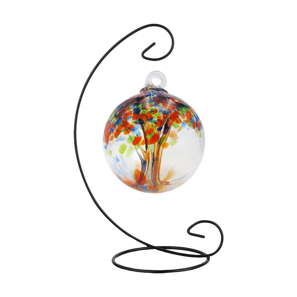 Tree Of Life 4In Royal Hand Blown Glass Ball With Stand
