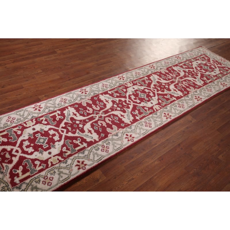 Red Oushak Indian Runner Rug Hand-Knotted Transitional Wool Carpet - 2'7"x 9'8"