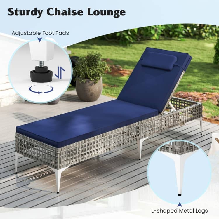 Mixed Grey Rattan Chaise Lounge Chair with Navy Blue Cushion, Adjustable Backrest - 76.5" x 21.5" x 12.5"