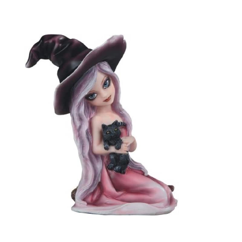 Q-Max 6"H Pink Witch Girl with Black Cat Statue Fantasy Decoration Figurine