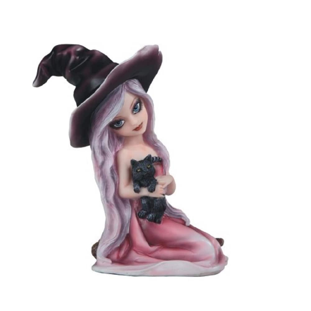 Q-Max 6"H Pink Witch Girl with Black Cat Statue Fantasy Decoration Figurine