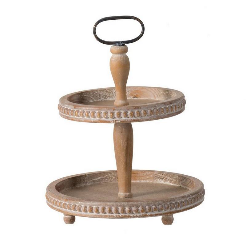 Mike 17 Inch 2 Tier Round Serving Tray, Handle, Beaded Trim, Brown Wood