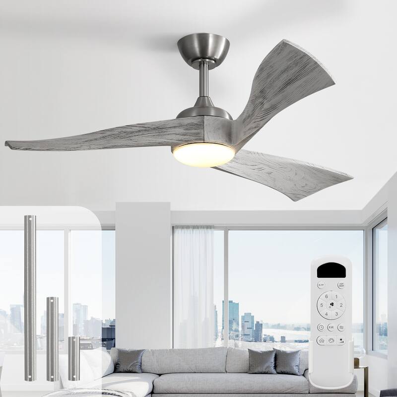 52"Solid Wood Ceiling Fan with Light Optional, 6-Speed Reversible DC Motor and Remote control,Smart Optional - 52"-Non-Smart-With lights - Nickel with Grey solid wood Blades