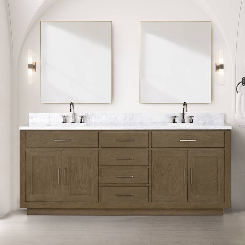 Lexora Abbey Bath Vanity, Carrara Marble Top, and Mirror