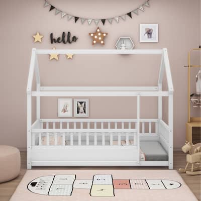 Twin/Full Size Wooden Floor Bed with House Roof Frame,Fence Guardrails