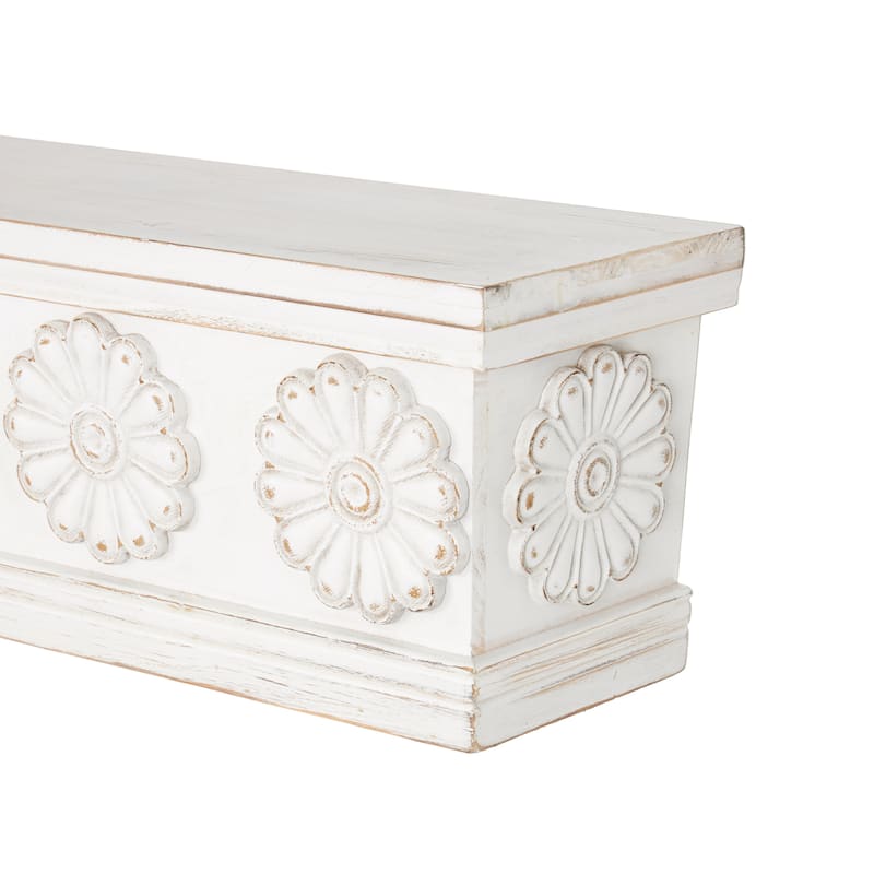 Wooden Floral Wall Shelf with Brown Distressing - White - Roche River Decor