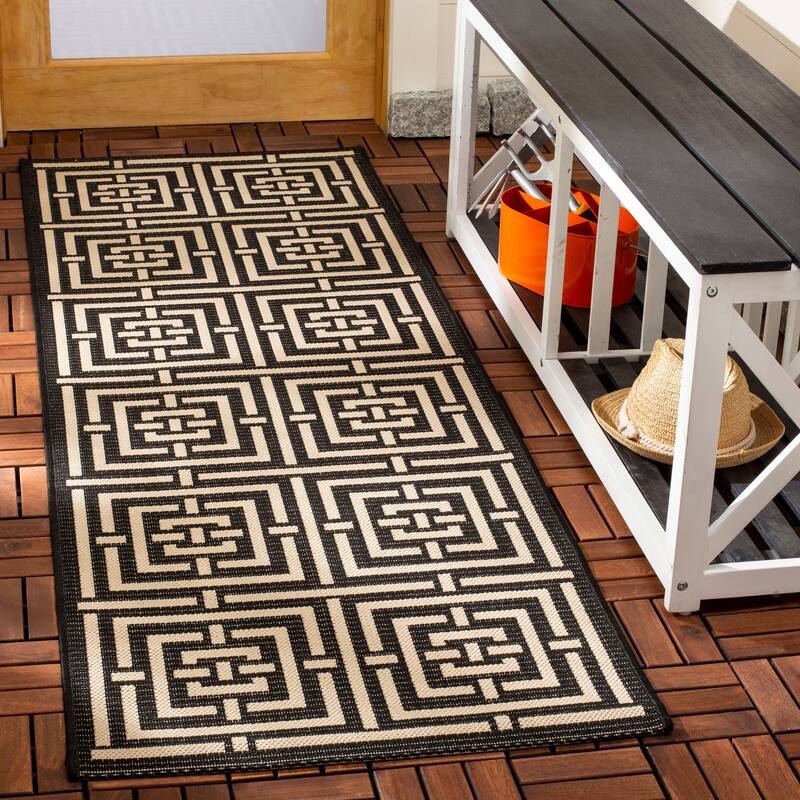 SAFAVIEH Courtyard Ginger Indoor/ Outdoor Waterproof Patio Backyard Rug - 2'3" x 10' Runner - Black/Bone
