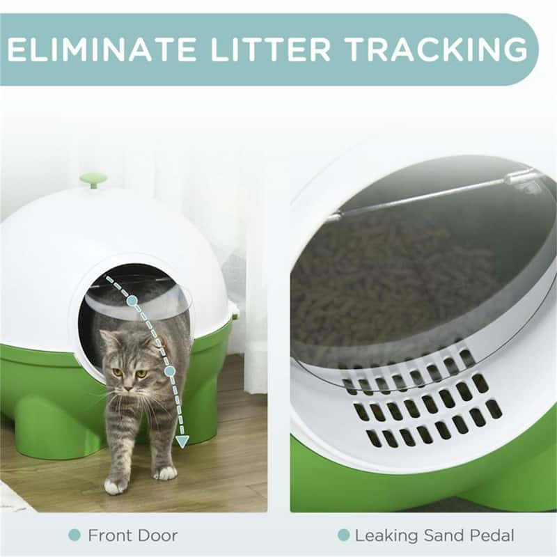 Dark Green and White Enclosed Cat Litter Box with Scoop and Sand Drain Enclosed Privacy