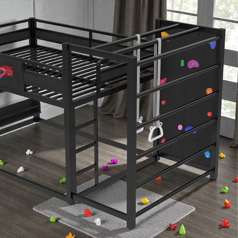 Kids Metal Loft Bed with Slide, Basketball Hoop, Climbing Wall, Pull-Up Rings and Bookshelves