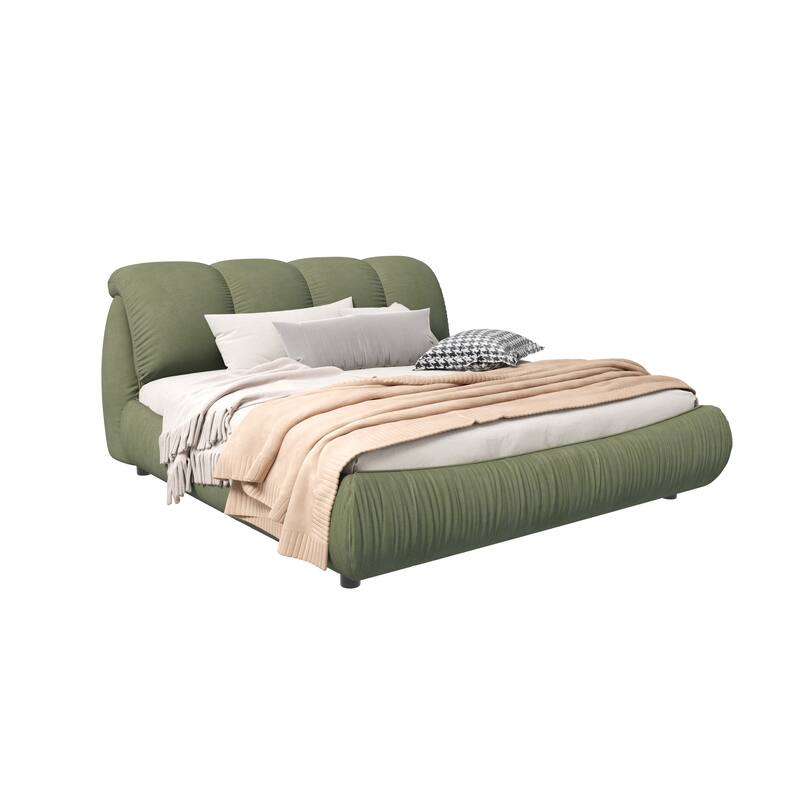Modern Luxury Upholstered Platform Bed with Oversized Padded Backrest, Green
