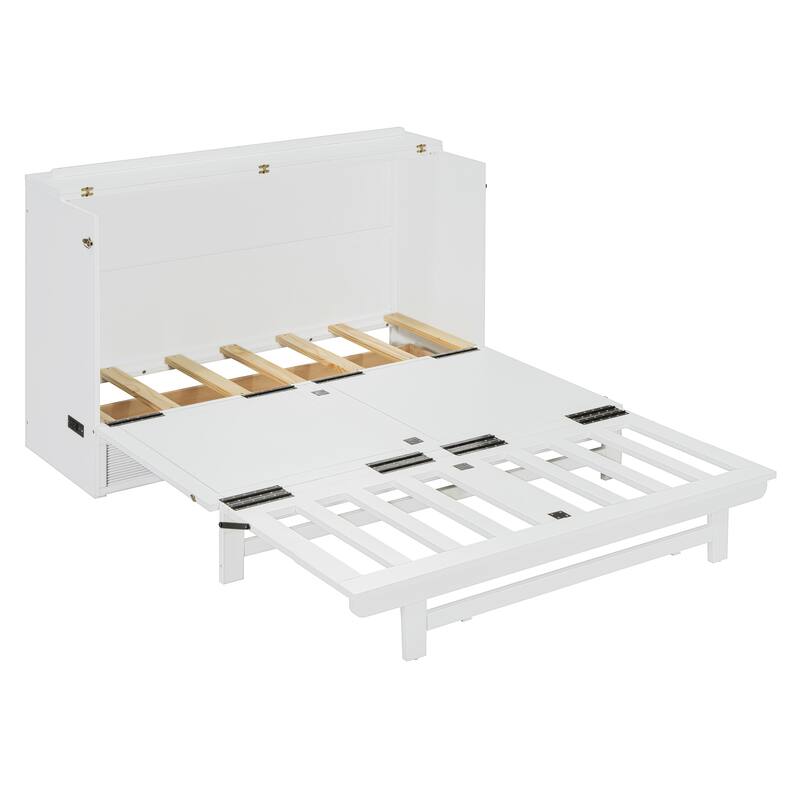 Queen Size Murphy Bed with Large Storage Drawer, USB Ports, and Outlets - Gray, Space-Saving Design