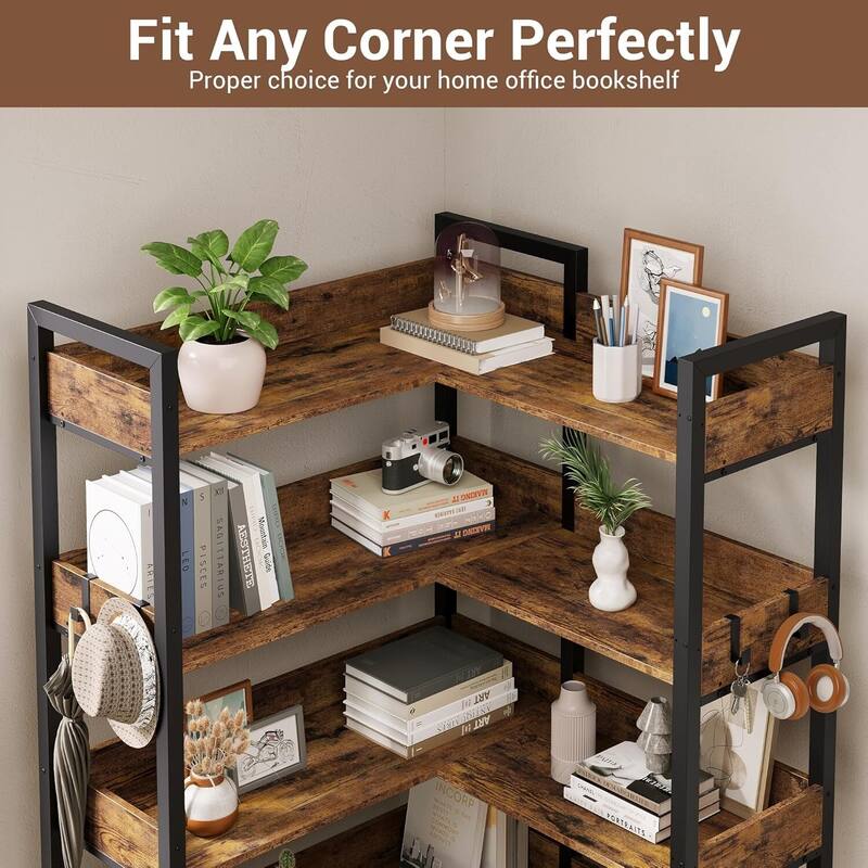 5-Tier Corner Convertible Bookshelf, Industrial Bookcase for Living Room, Bedroom