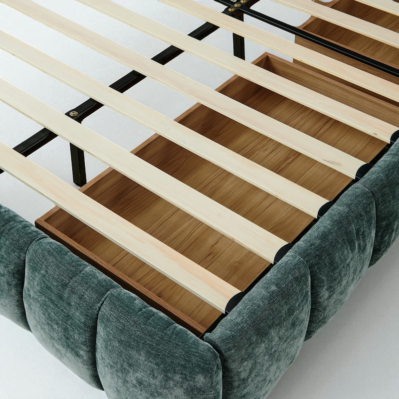 King Upholstered Platform Bed, Chenille Fabric, Headboard, Solid Frame, Under-Bed Storage Drawer, Modern Low-Profile