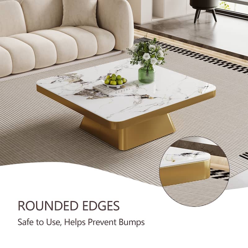 35.43" Modern Square Coffee Table, White Glossy Sintered Stone Table top, Gold Stainless Steel Legs