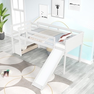 Twin Low Loft Bed with Stairs and Slide Solid Wood Multiple Functional Bunk Bed