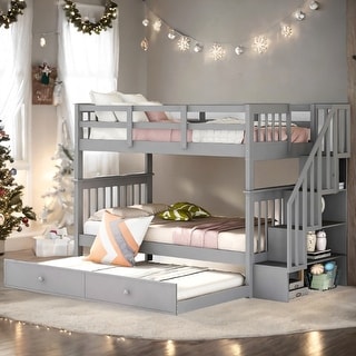 Twin-over-Twin Bunk Bed with Twin size Trundle for Bedroom, Dorm, Adults
