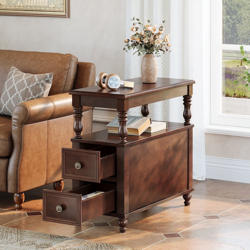 Solid Wood End Table with 2 Drawers