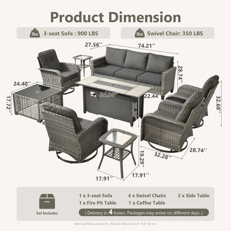 HOOOWOOO 9-piece Outdoor Seating Sofa Patio Swivel Chair Fire Pit Set