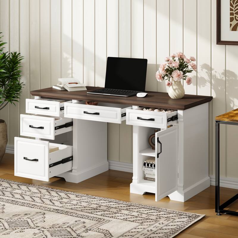 Smooth Drawer Front Wood Writing Desk,Hidden Storage & Open Workspace,Study Room