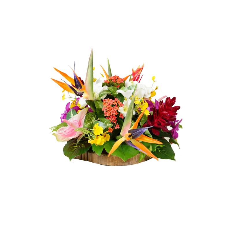 Tropical Artifical Flower Arrangement in Teak Wood Plate - Orange