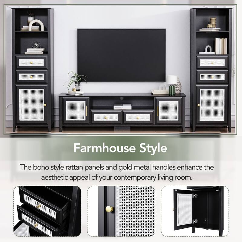 Black Rattan TV Stand Sets with TV Console and 2 Tall Cabinets - 102.10" x 15.70" x 63.00"