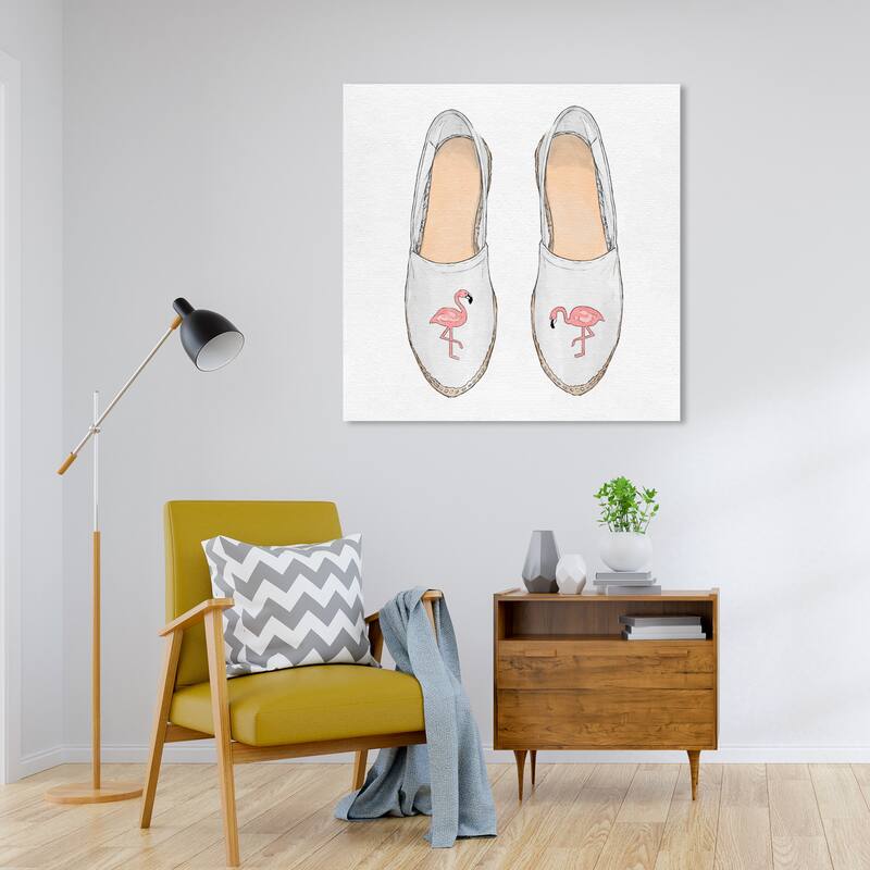 Wynwood Studio Canvas Fashion and Glam Flamingo Slippers White and Pastel Pink Modern & Contemporary Wall Art Canvas Print - 30 x 30